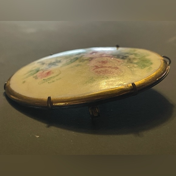 Antique Victorian Hand Painted Porcelain Floral Pink Rose Flower Brooch Pin - Picture 7 of 15